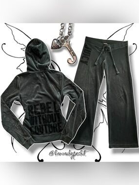 VTG Y2K Juicy Couture Green/Black Velvet Hoodie & Pants Tracksuit Set